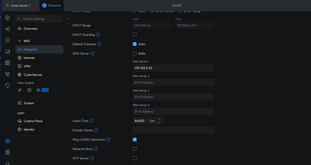 screen shot of the dream router settings