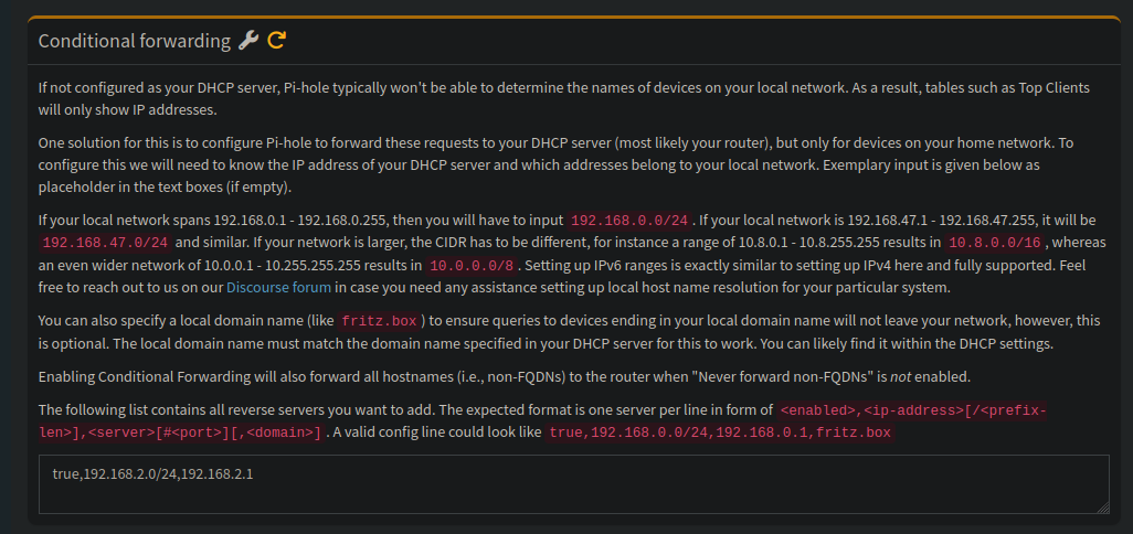 conditional forwarding settings on pi hole configuration